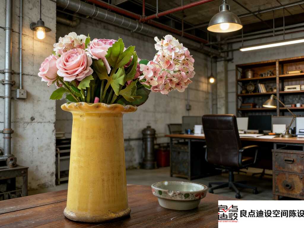 工业风办公室装修软装设计太绝了!水泥墙配复古花器美到窒息